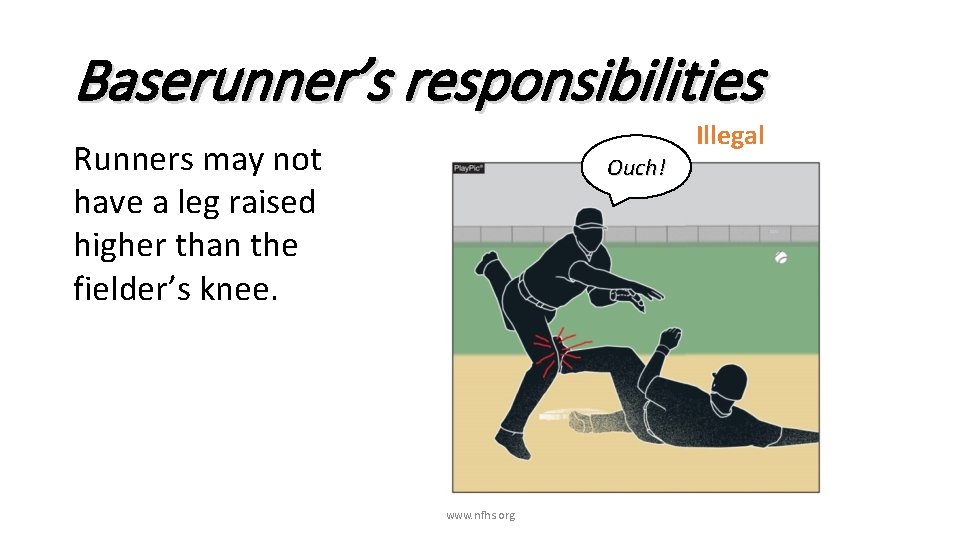 Baserunner’s responsibilities Illegal Runners may not have a leg raised higher than the fielder’s