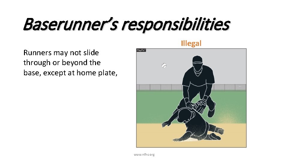 Baserunner’s responsibilities Illegal Runners may not slide through or beyond the base, except at