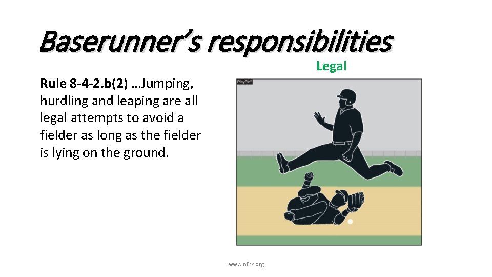 Baserunner’s responsibilities Legal Rule 8 -4 -2. b(2) …Jumping, hurdling and leaping are all