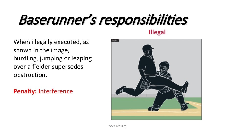 Baserunner’s responsibilities Illegal When illegally executed, as shown in the image, hurdling, jumping or