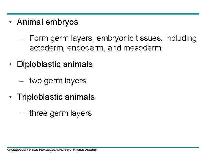  • Animal embryos – Form germ layers, embryonic tissues, including ectoderm, endoderm, and