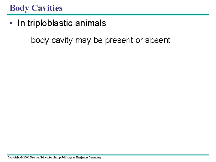 Body Cavities • In triploblastic animals – body cavity may be present or absent