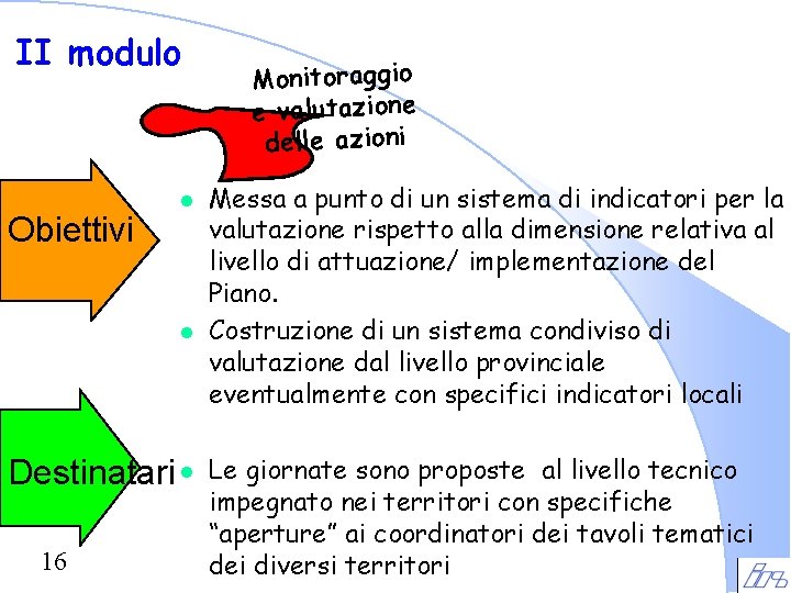 II modulo Obiettivi l l Destinatari l 16 Monitoraggio e valutazione delle azioni Messa II modulo Obiettivi l l Destinatari l 16 Monitoraggio e valutazione delle azioni Messa