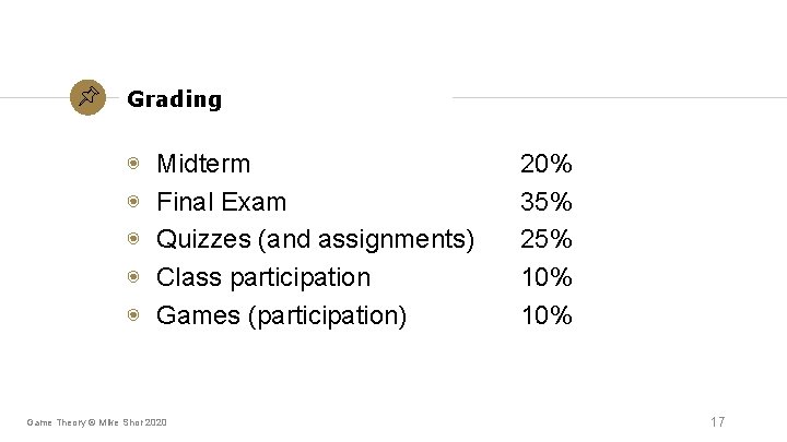 Grading ◉ ◉ ◉ Midterm Final Exam Quizzes (and assignments) Class participation Games (participation) Grading ◉ ◉ ◉ Midterm Final Exam Quizzes (and assignments) Class participation Games (participation)