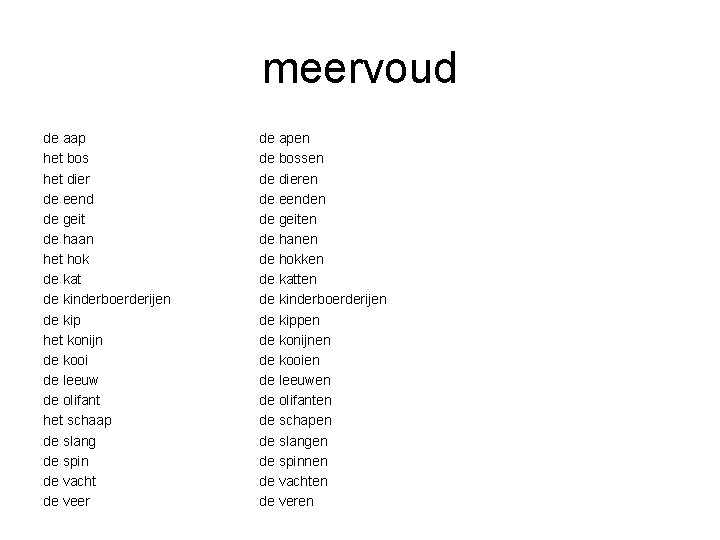 meervoud de aap het bos het dier de eend de geit de haan het