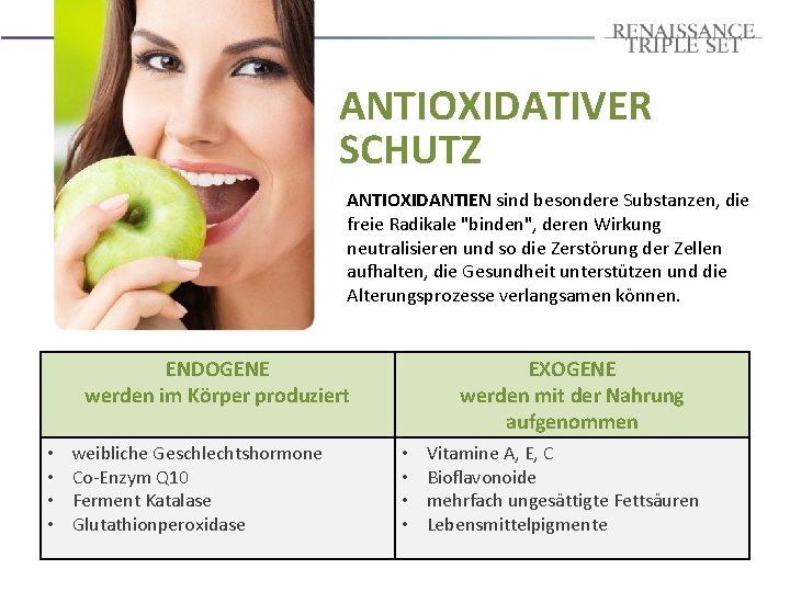 ANTIOXIDATIVER SCHUTZ ANTIOXIDANTIEN sind besondere Substanzen, die freie Radikale "binden", deren Wirkung neutralisieren und