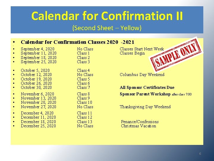 Calendar for Confirmation II (Second Sheet – Yellow) • Calendar for Confirmation Classes 2020