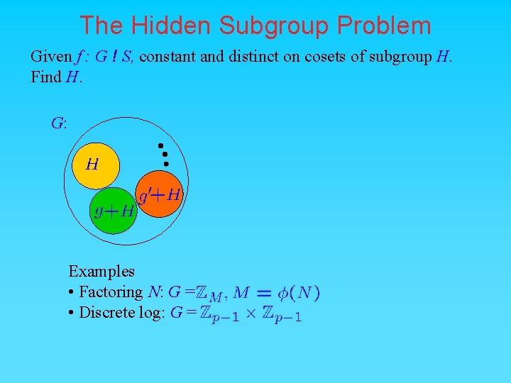 The Hidden Subgroup Problem Given f : G ! S, constant and distinct on