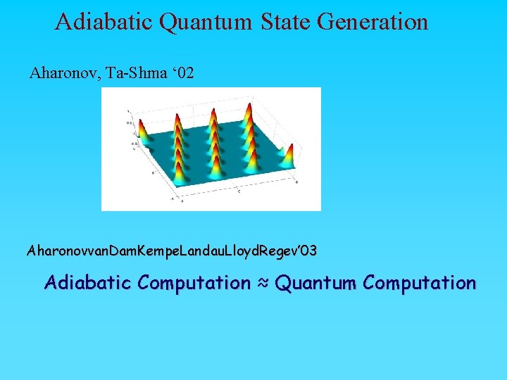 Adiabatic Quantum State Generation Aharonov, Ta-Shma ‘ 02 Aharonovvan. Dam. Kempe. Landau. Lloyd. Regev’