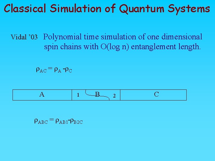 Classical Simulation of Quantum Systems Vidal ’ 03 Polynomial time simulation of one dimensional