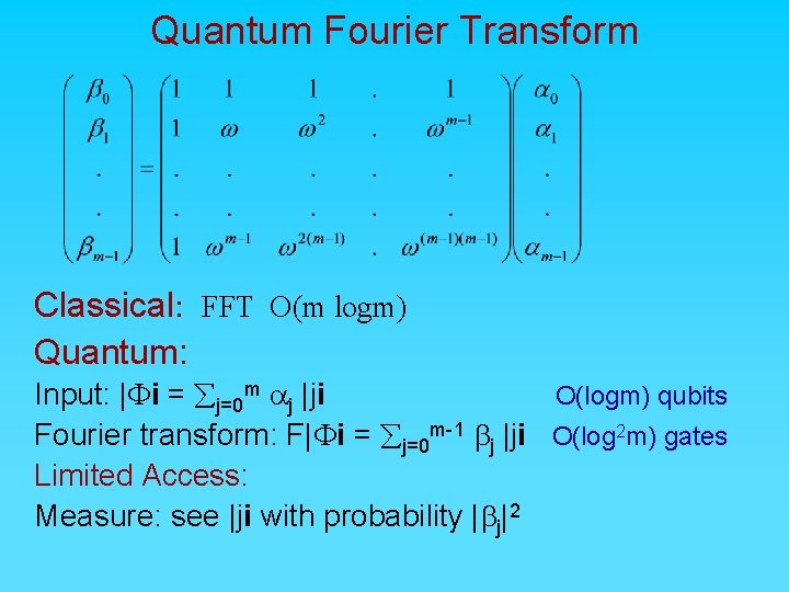 Quantum Fourier Transform Classical: FFT O(m logm) Quantum: Input: |Fi = åj=0 m aj
