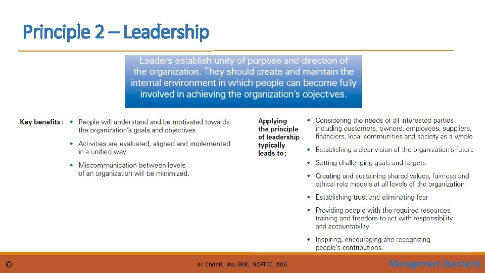 Principle 2 – Leadership © dr. Chris R. Mol, BME, NORTEC, 2016 Management Standards