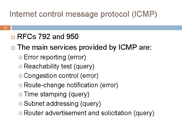 Internet control message protocol (ICMP) 17 RFCs 792 and 950 The main services provided