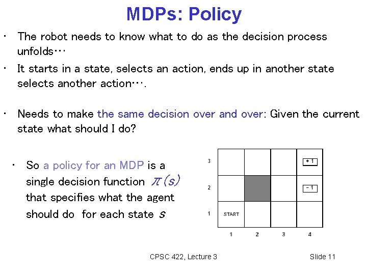 MDPs: Policy • The robot needs to know what to do as the MDPs: Policy • The robot needs to know what to do as the