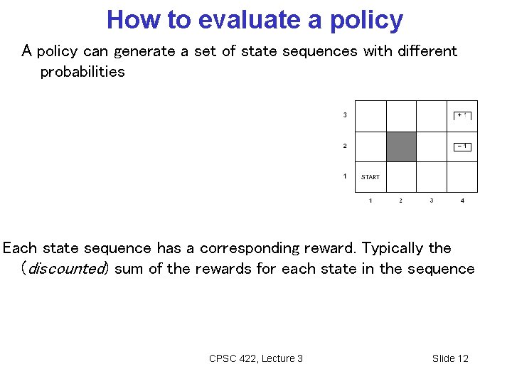 How to evaluate a policy A policy can generate a set of state sequences How to evaluate a policy A policy can generate a set of state sequences