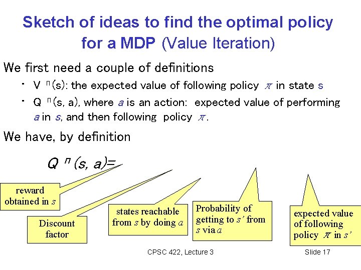 Sketch of ideas to find the optimal policy for a MDP (Value Iteration) We Sketch of ideas to find the optimal policy for a MDP (Value Iteration) We