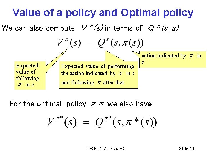 Value of a policy and Optimal policy We can also compute V п(s) in Value of a policy and Optimal policy We can also compute V п(s) in