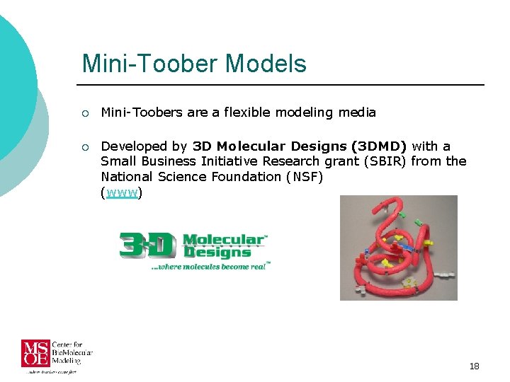 Mini-Toober Models ¡ Mini-Toobers are a flexible modeling media ¡ Developed by 3 D