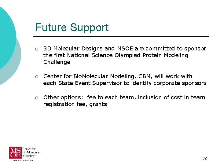 Future Support ¡ 3 D Molecular Designs and MSOE are committed to sponsor the