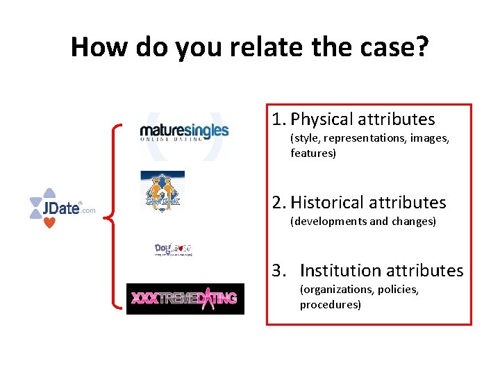 How do you relate the case? 1. Physical attributes (style, representations, images, features) 2.