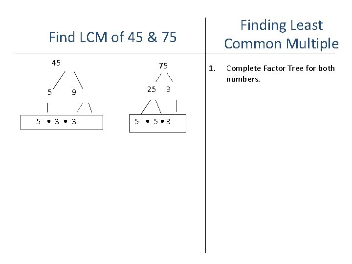 Finding Least Common Multiple Find LCM of 45 & 75 45 5 75 9