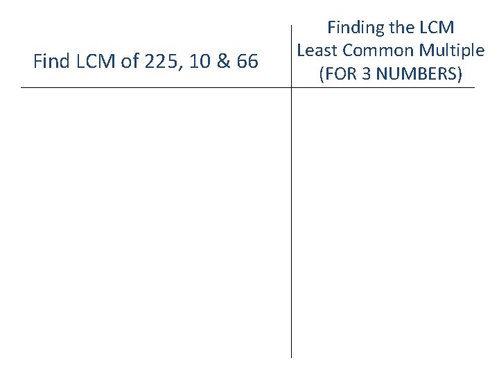 Find LCM of 225, 10 & 66 Finding the LCM Least Common Multiple (FOR