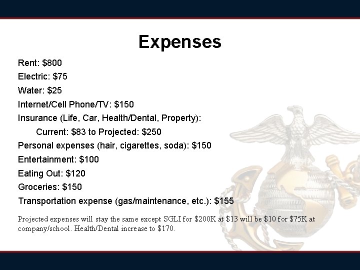 Expenses Rent: $800 Electric: $75 Water: $25 Internet/Cell Phone/TV: $150 Insurance (Life, Car, Health/Dental, Expenses Rent: $800 Electric: $75 Water: $25 Internet/Cell Phone/TV: $150 Insurance (Life, Car, Health/Dental,