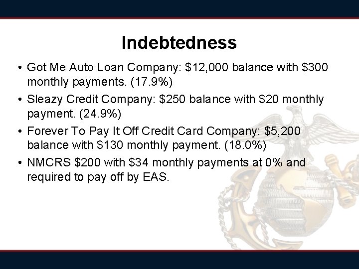 Indebtedness • Got Me Auto Loan Company: $12, 000 balance with $300 monthly payments. Indebtedness • Got Me Auto Loan Company: $12, 000 balance with $300 monthly payments.
