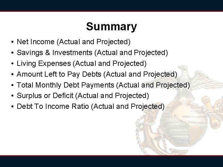 Summary • • Net Income (Actual and Projected) Savings & Investments (Actual and Projected) Summary • • Net Income (Actual and Projected) Savings & Investments (Actual and Projected)