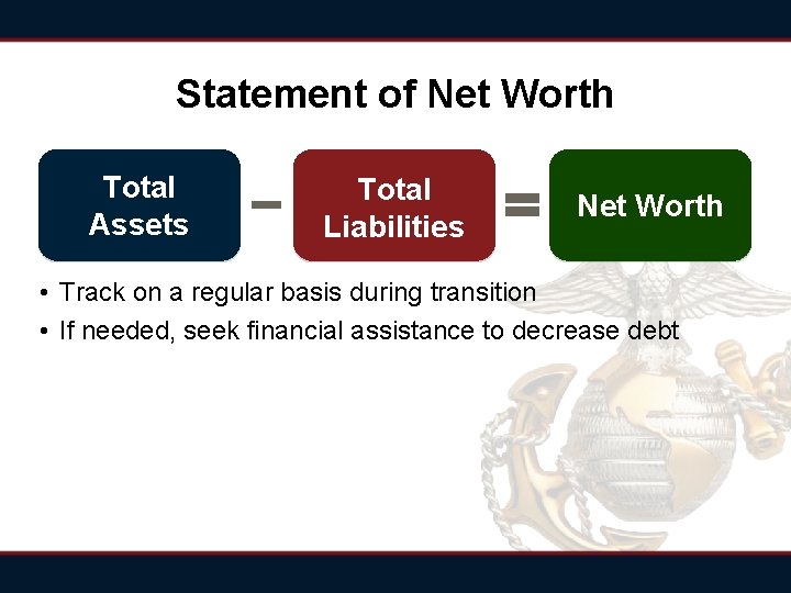 Statement of Net Worth Total Assets Total Liabilities Net Worth • Track on a Statement of Net Worth Total Assets Total Liabilities Net Worth • Track on a