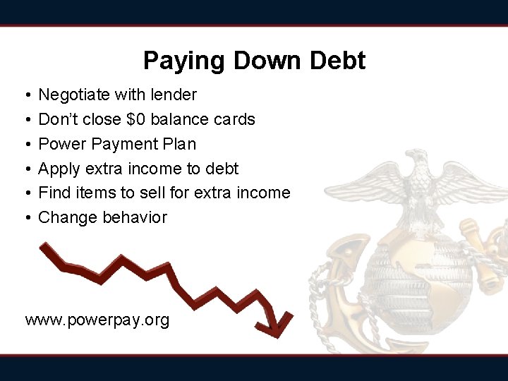 Paying Down Debt • • • Negotiate with lender Don’t close $0 balance cards Paying Down Debt • • • Negotiate with lender Don’t close $0 balance cards