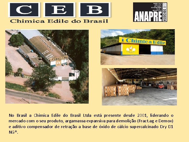 No Brasil a Chimica Edile do Brasil Ltda está presente desde 2001, liderando o No Brasil a Chimica Edile do Brasil Ltda está presente desde 2001, liderando o