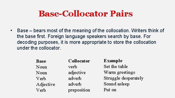 Base-Collocator Pairs • Base – bears most of the meaning of the collocation. Writers