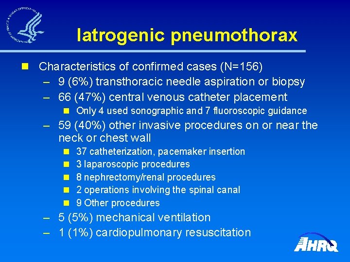 Iatrogenic pneumothorax n Characteristics of confirmed cases (N=156) – 9 (6%) transthoracic needle aspiration