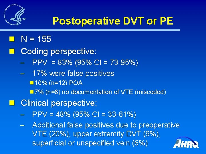 Postoperative DVT or PE n N = 155 n Coding perspective: – – PPV