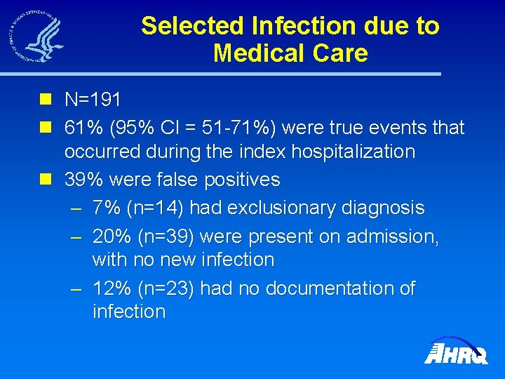 Selected Infection due to Medical Care n N=191 n 61% (95% CI = 51