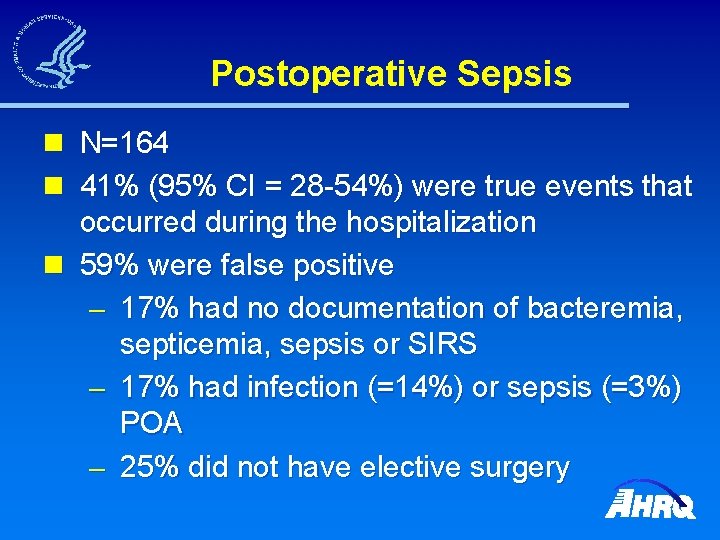 Postoperative Sepsis n N=164 n 41% (95% CI = 28 -54%) were true events