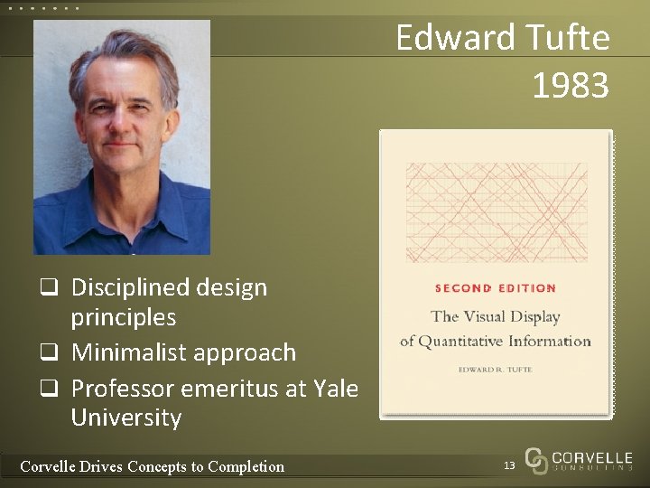 Edward Tufte 1983 q Disciplined design principles q Minimalist approach q Professor emeritus at