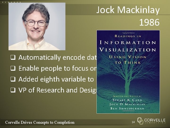 Jock Mackinlay 1986 q Automatically encode data with software q Enable people to focus