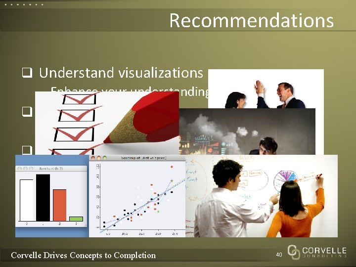 Recommendations q Understand visualizations – Enhance your understanding of visualization q Create Visualizations –