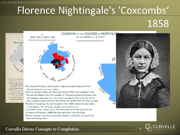 Florence Nightingale's 'Coxcombs‘ 1858 q Pioneer hospital sanitation q Meticulously gathered data q Pioneer