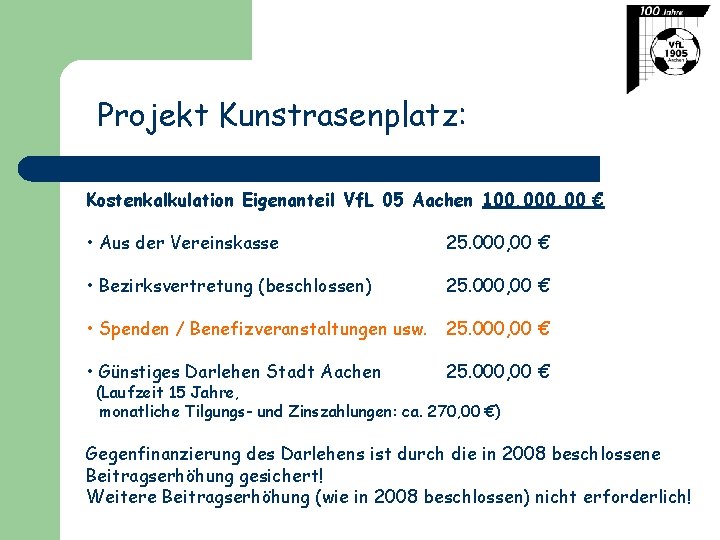 Projekt Kunstrasenplatz: Kostenkalkulation Eigenanteil Vf. L 05 Aachen 100. 000, 00 € • Aus