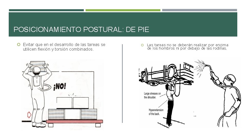 POSICIONAMIENTO POSTURAL: DE PIE Evitar que en el desarrollo de las tareas se utilicen POSICIONAMIENTO POSTURAL: DE PIE Evitar que en el desarrollo de las tareas se utilicen