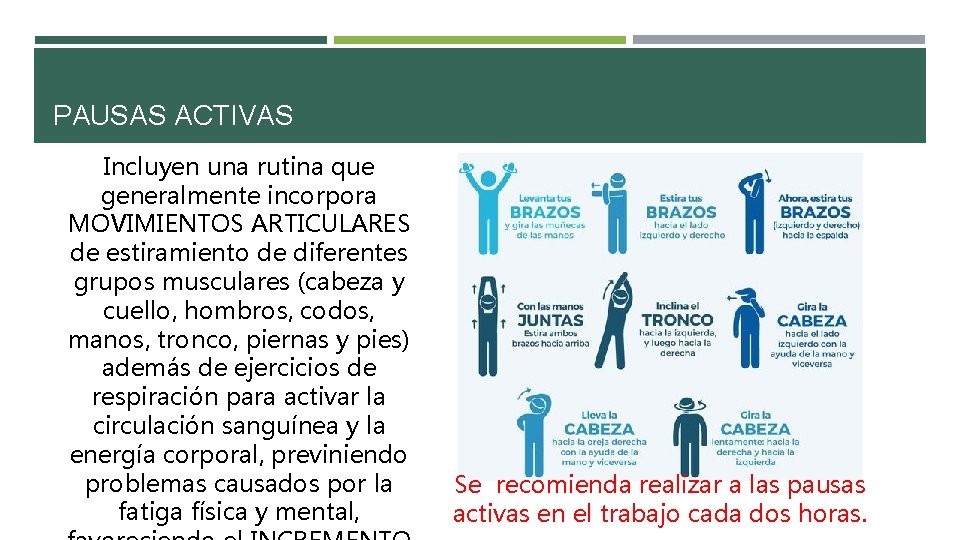 PAUSAS ACTIVAS Incluyen una rutina que generalmente incorpora MOVIMIENTOS ARTICULARES de estiramiento de diferentes PAUSAS ACTIVAS Incluyen una rutina que generalmente incorpora MOVIMIENTOS ARTICULARES de estiramiento de diferentes