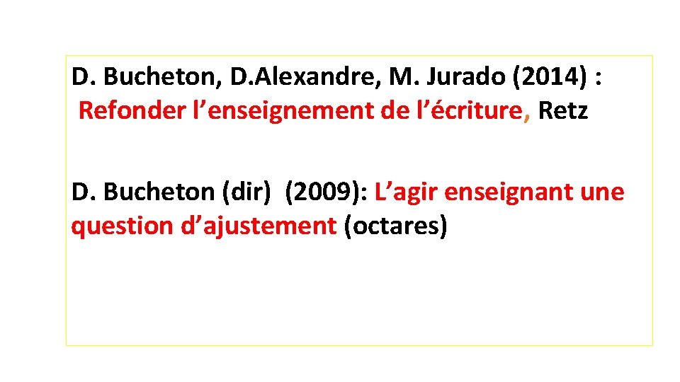 D. Bucheton, D. Alexandre, M. Jurado (2014) : Refonder l’enseignement de l’écriture, Retz D.