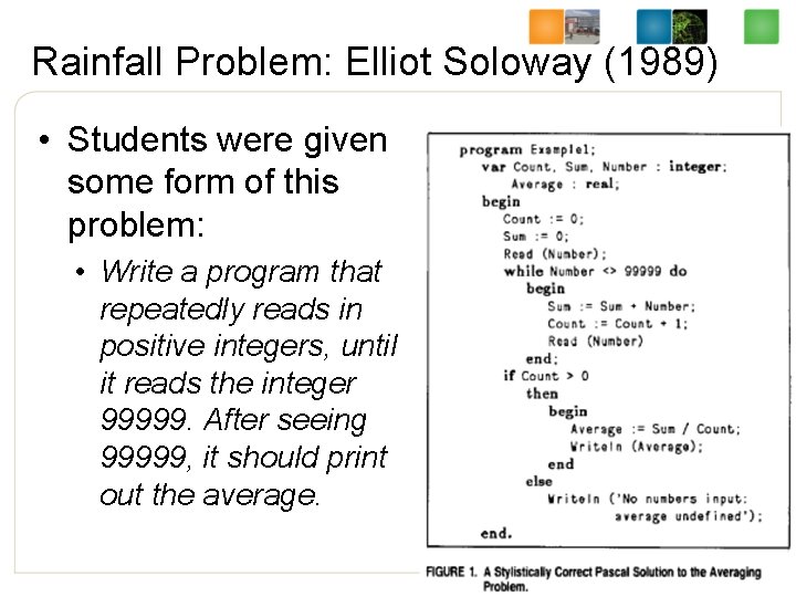 Rainfall Problem: Elliot Soloway (1989) • Students were given some form of this problem: