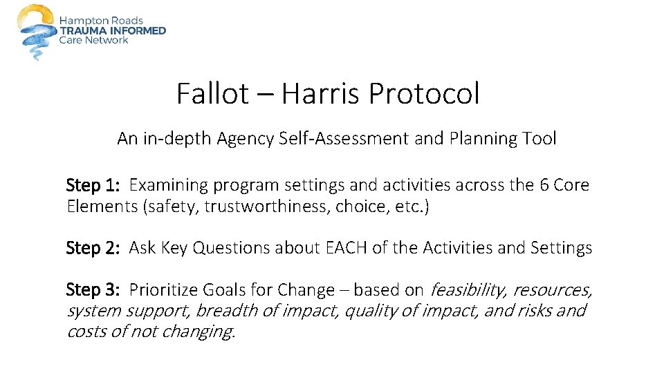  Fallot – Harris Protocol An in-depth Agency Self-Assessment and Planning Tool Step 1:
