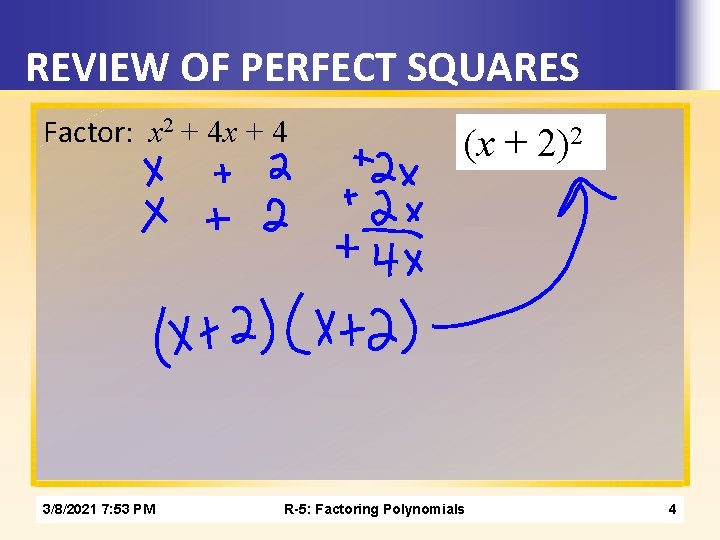 REVIEW OF PERFECT SQUARES Factor: x 2 + 4 x + 4 3/8/2021 7: