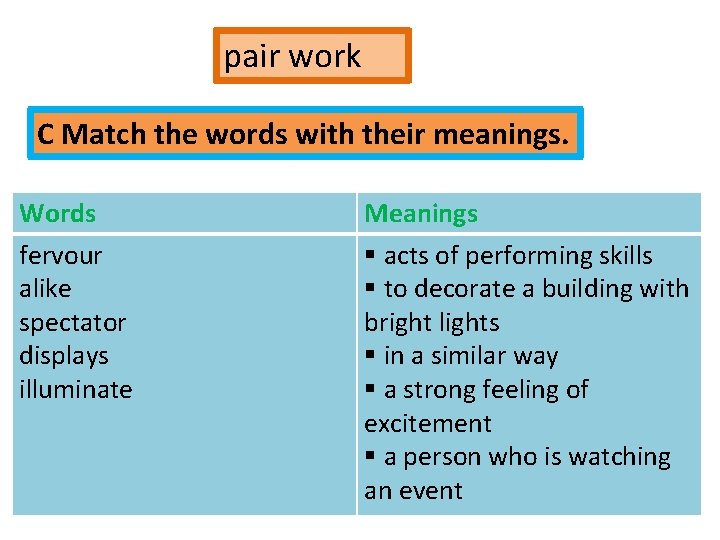 pair work C Match the words with their meanings. Words fervour alike spectator displays