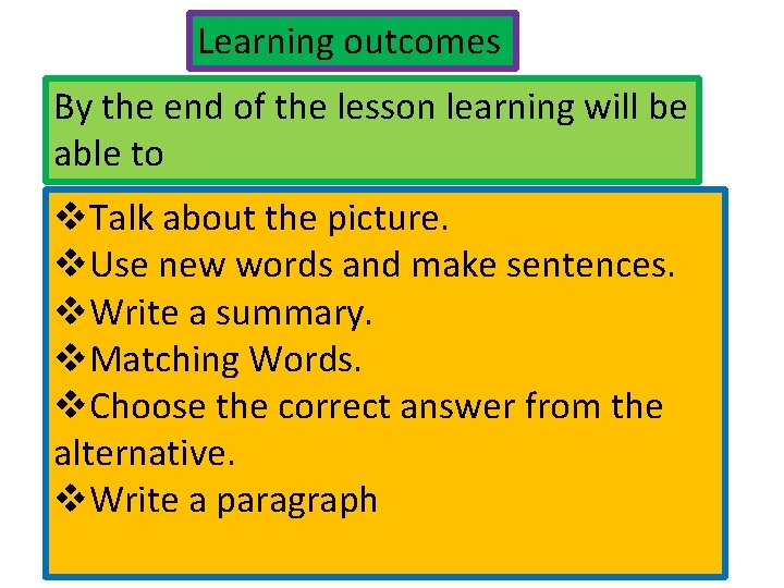 Learning outcomes By the end of the lesson learning will be able to v.